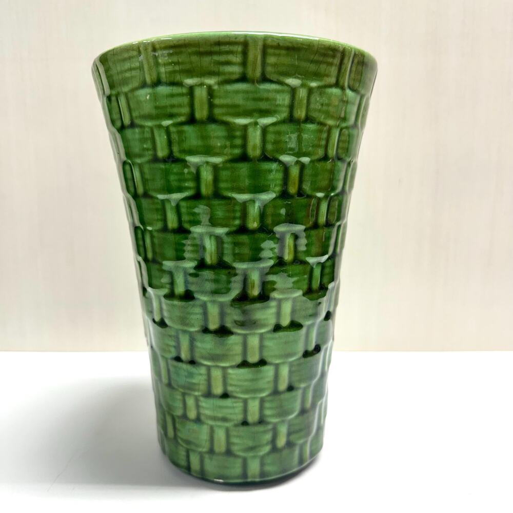 Vintage Green Basket Weave Planter Glossy Green Glaze AS IS